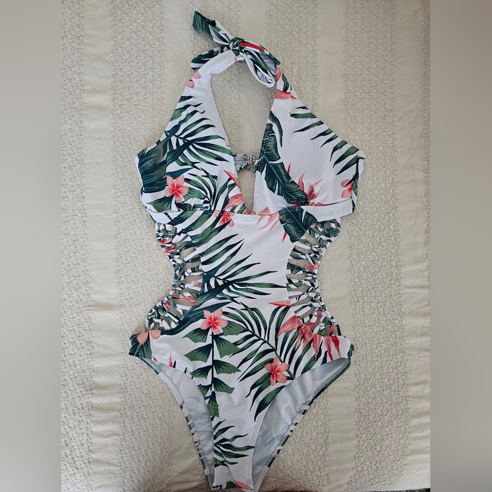 SHEIN Tropical Floral Pattern Cut Out Womens One Piece Swimsuit, M